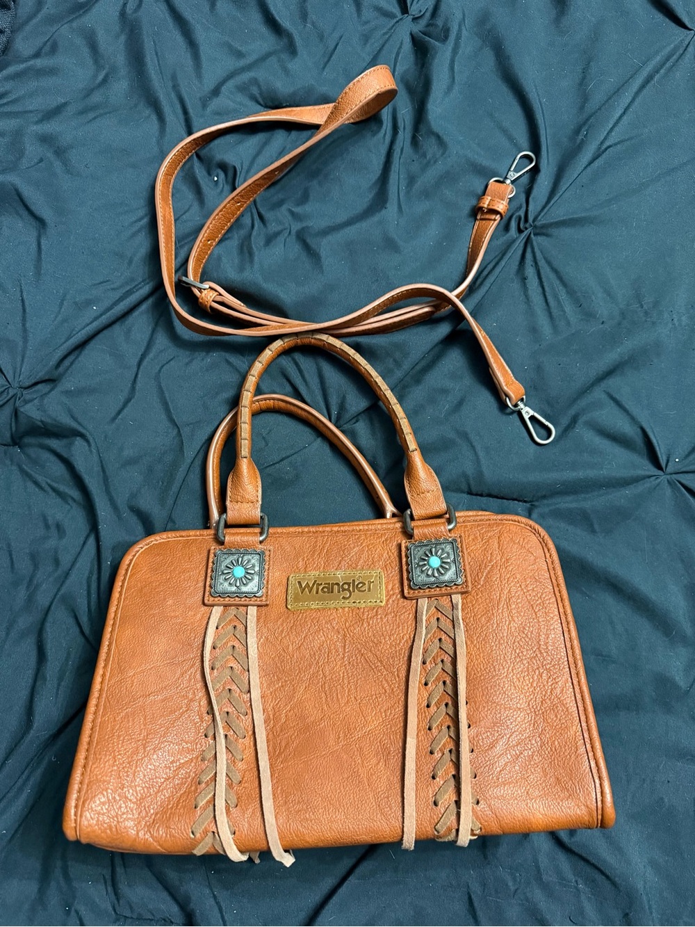 Wrangler Brown Leather Tote with Turquoise Concho Accents